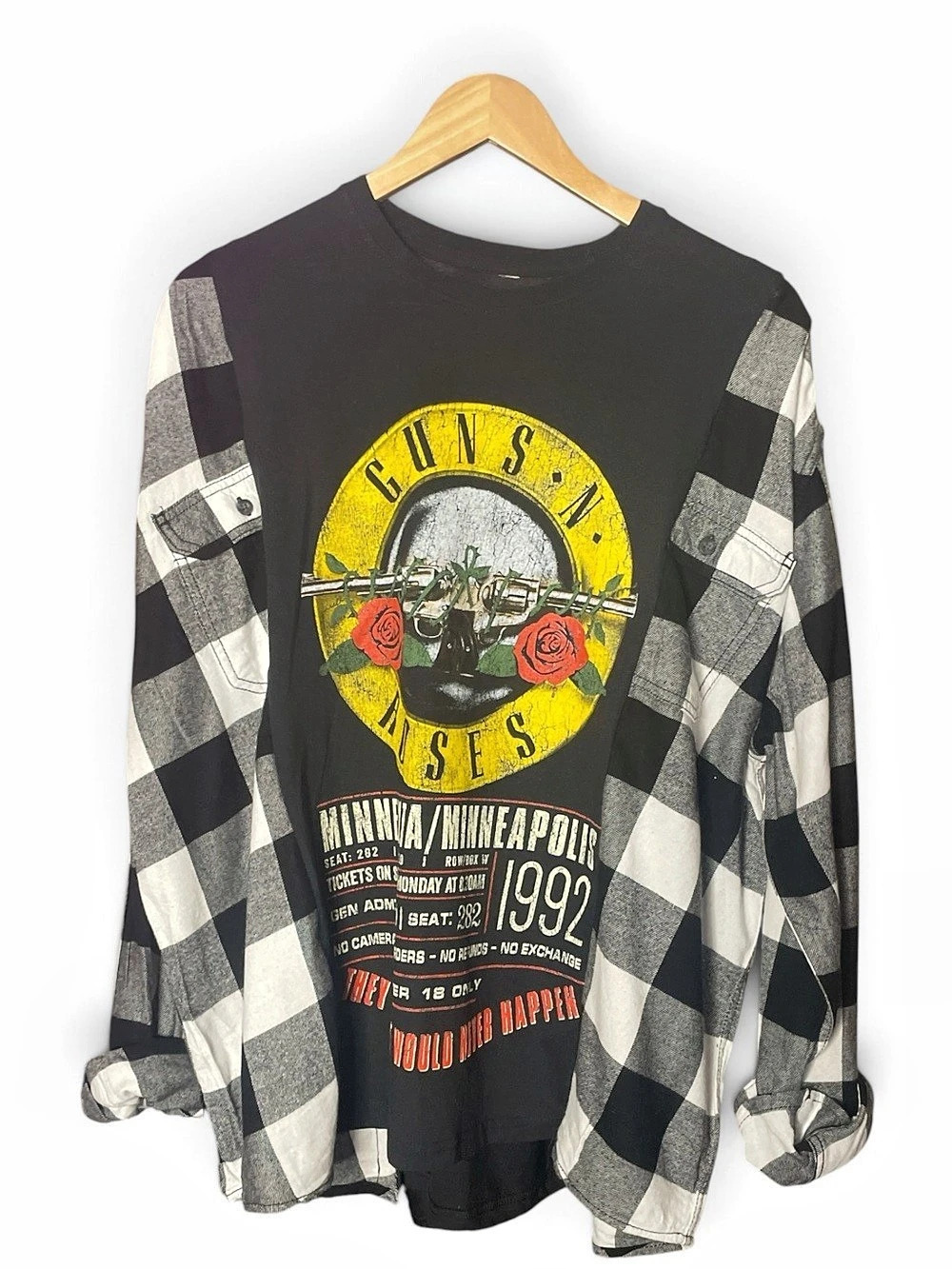Upcycle Guns N' Roses Graphic Checkered Sleeve Top free size